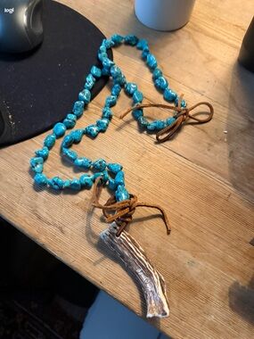 Turquoise Bead Necklace with Antler Pendant - Boho Women's Jewelry